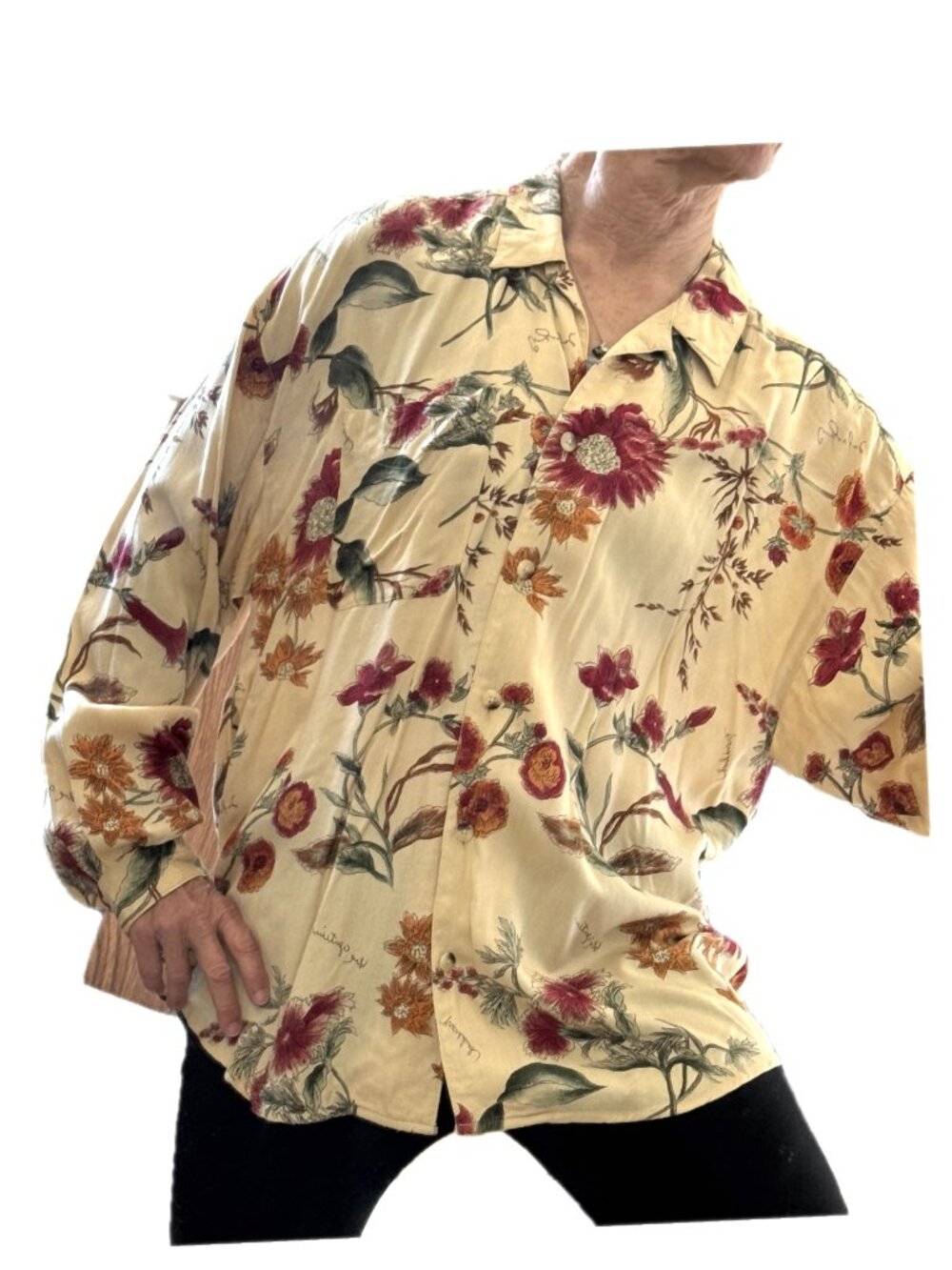 Eddie Bauer Hawaiian Shirt Cream Floral Petite L Women